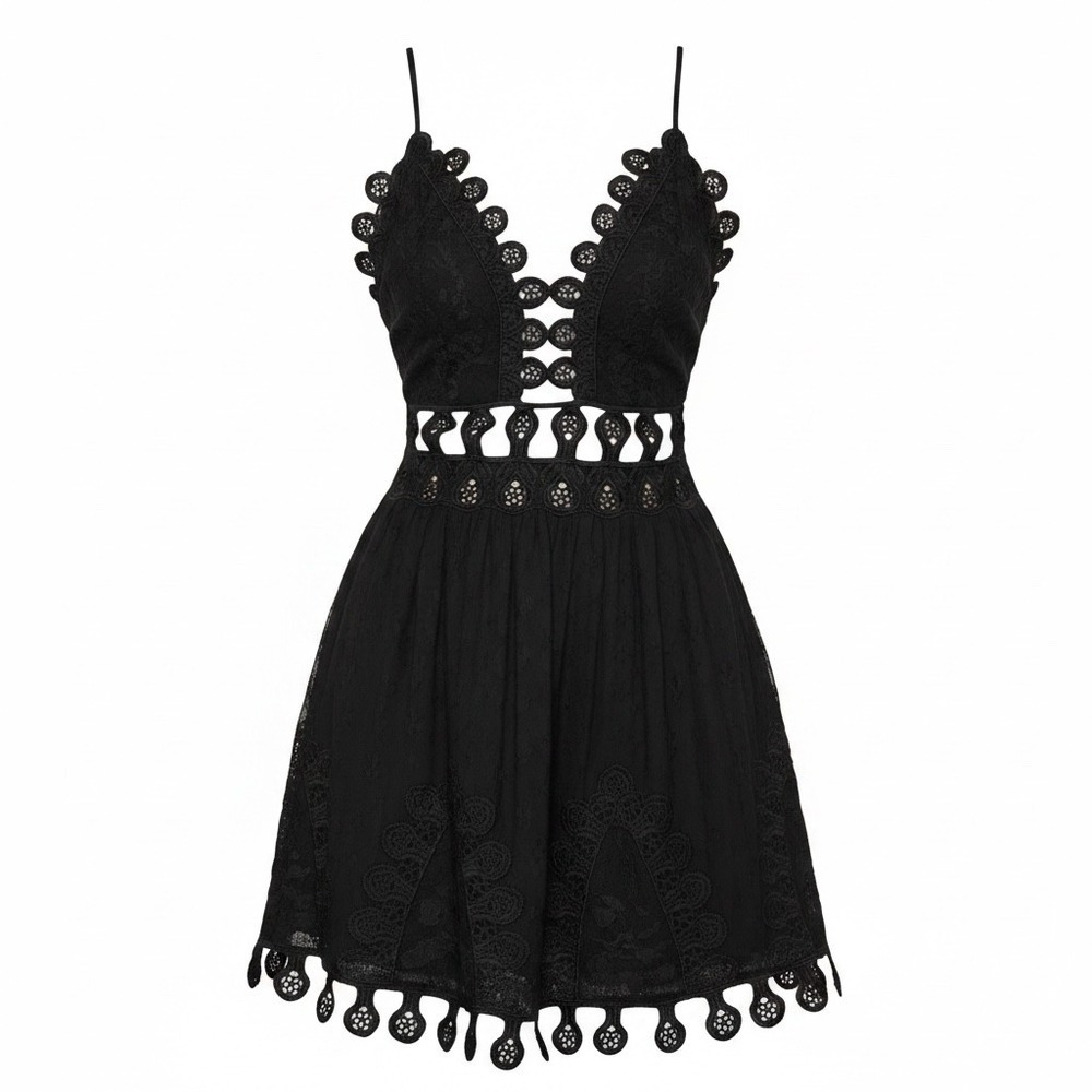Honey Punch Dress Womens L Black Lace Mini Boho Cutout SFD00164 Crochet Festival